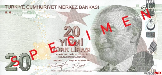 Przód banknotu 20 lir tureckich seria 6 z 2022 roku