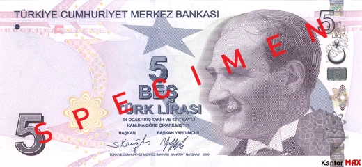 Przód banknotu 5 lir tureckich seria 6 edycja 2022 rok