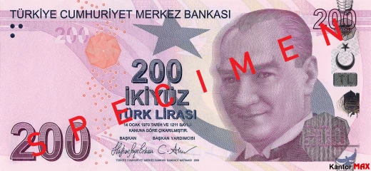 Przód banknotu 200 lir tureckich seria 7 z 2023 roku