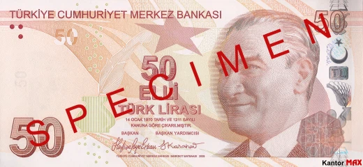 Przód banknotu 50 lir tureckich seria 7 z 2024 roku
