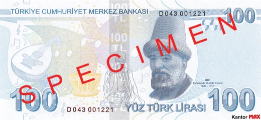Tył banknotu 100 lir tureckich seria 3 z 2017 roku
