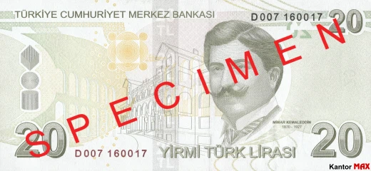 Tył banknotu 20 lir tureckich seria 3 z 2018 roku