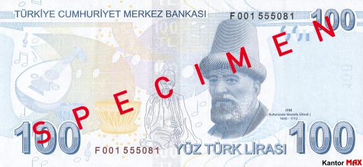 Tył banknotu 100 lir tureckich seria 4 z 2020 roku