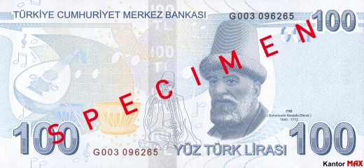 Tył banknotu 100 lir tureckich seria 5 z 2022 roku