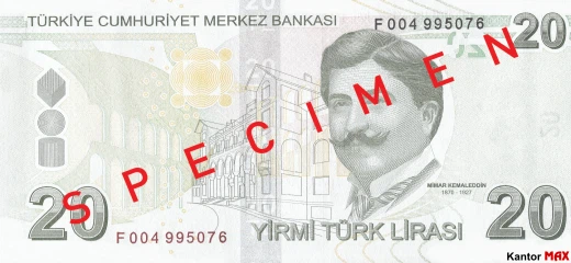 Tył banknotu 20 lir tureckich seria 5 z 2021 roku