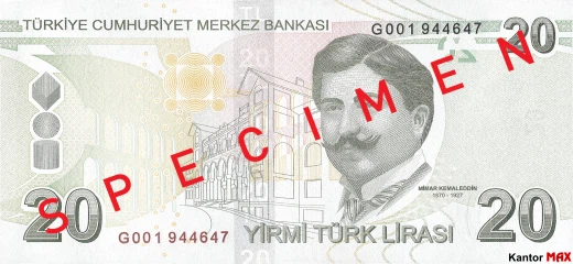 Tył banknotu 20 lir tureckich seria 6 z 2022 roku