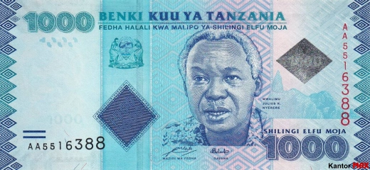Przód banknotu 1000 szylingów tanzańskich z 2010 roku