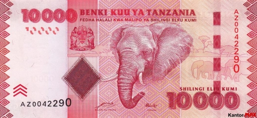 Przód banknotu 10.000 szylingów tanzańskich 2010 rok