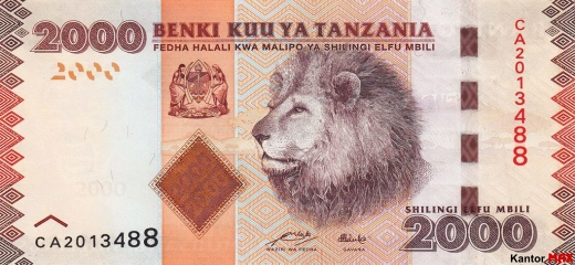 Przód banknotu 2000 szylingów tanzańskich z 2010 roku