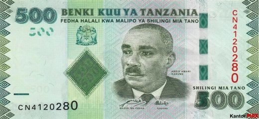 Przód banknotu 500 szylingów tanzańskich z 2010 roku