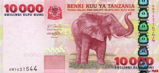 Przód banknotu 10.000 szylingów tanzańskich 2003 rok