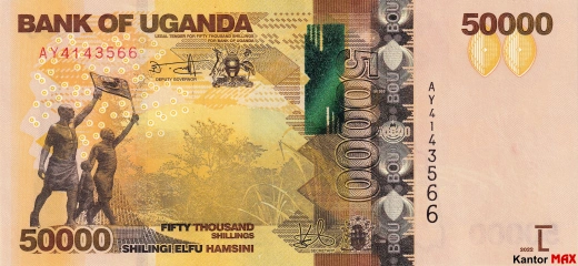 Przód banknotu 50.000  szylingów ugandyjskich emisja 2010-2022 rok