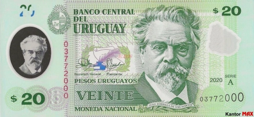Przód banknotu 20 peso urugwajskie edycja 2020 rok