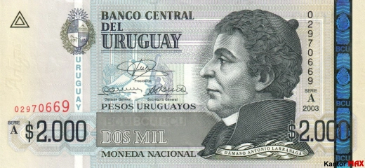 Przód banknotu 2000 peso urugwajskie edycja 2003 rok