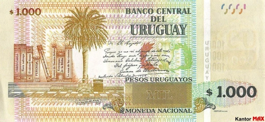 Tył banknotu 1000 peso urugwajskie edycja 2015 rok