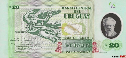 Tył banknotu 20 peso urugwajskie edycja 2020 rok
