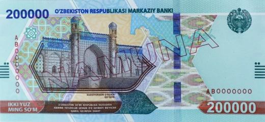 Przód banknotu 200.000 sum uzbeckich seria 2022 rok