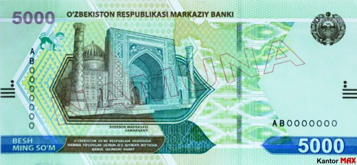 Przód banknotu 5000 sum uzbeckich seria 2021 rok