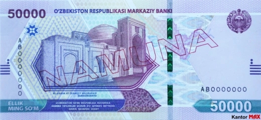 Przód banknotu 50.000 sum uzbeckich seria 2021 rok