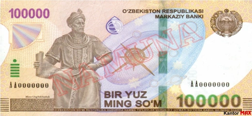 Przód banknotu 100.000 sum uzbeckich seria 2019 rok