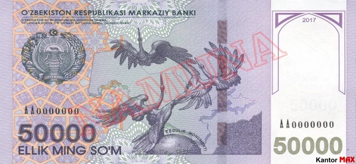 Przód banknotu 50.000 sum uzbeckich seria 2017 rok