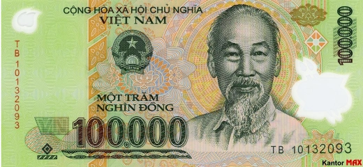 Przód banknotu 100.000 dongów wietnamskich edycja 2004-2023 rok