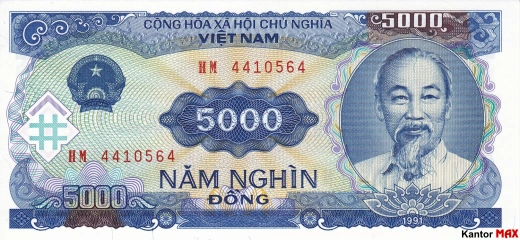 Przód banknotu 5000 dongów wietnamskich edycja 1993 rok