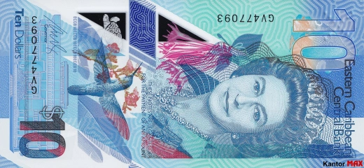 Przód 10 dolarów Wschodnich Karaibów edycja 2019 rok