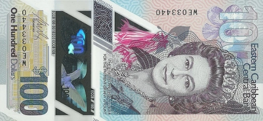 Przód banknotu 100 dolarów Wschodnich Karaibów edycja 2019 rok