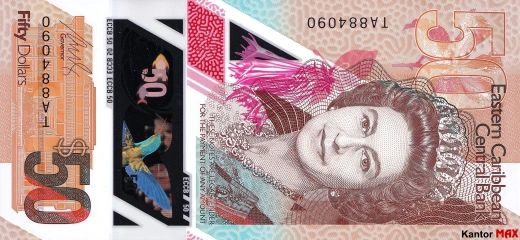 Przód banknotu 50 dolarów Wschodnich Karaibów edycja 2019 rok