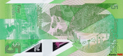 Tył banknotu 5 dolarów Wschodnich Karaibów z 2021 roku