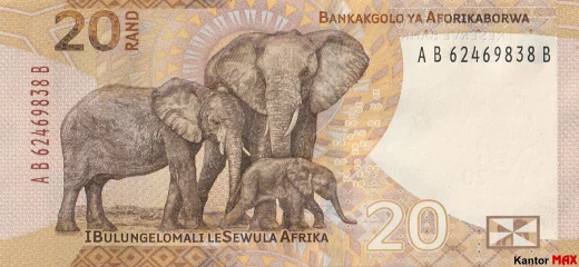 Tył banknotu 20 rand RPA 2023 rok seria 4
