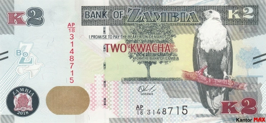 Przód banknotu 2 kwachy zambijskie edycja 2022 rok