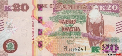 Przód banknotu 20 kwach zambijskich emisja 2022 rok