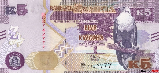 Przód banknotu 5 kwach zambijskich emisja 2022 rok