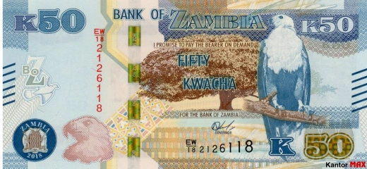 Przód banknotu 50 kwach zambijskich emisja 2022 rok