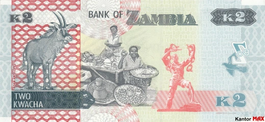 Tyl banknotu 2 kwachy zambijskie edycja 2022 rok