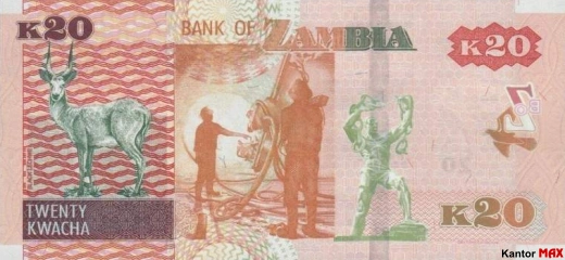 Tył banknotu 20 kwach zambijskich emisja 2022 rok